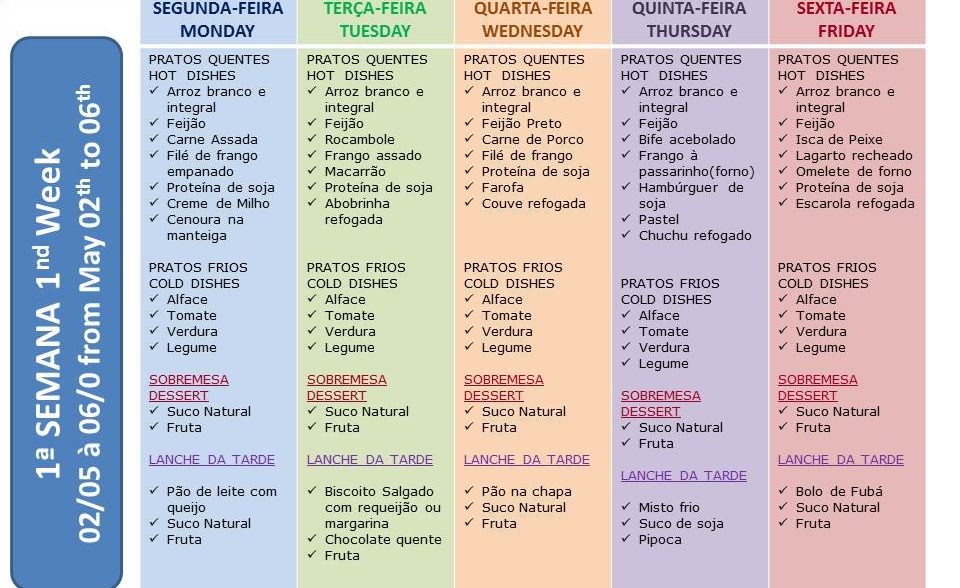 Cardápio da semana de 11 de abril Cardápio da semana de 11 de abril